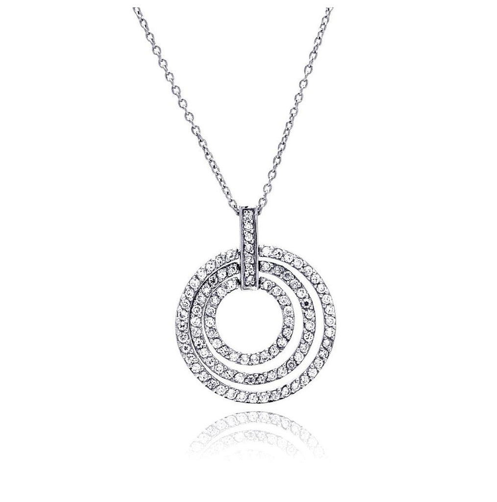 .925 Sterling Silver Clear Cz Rhodium Plated 3 Rows Circle Pendant Necklace