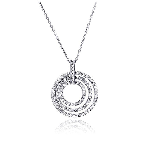 .925 Sterling Silver Clear Cz Rhodium Plated 3 Rows Circle Pendant Necklace