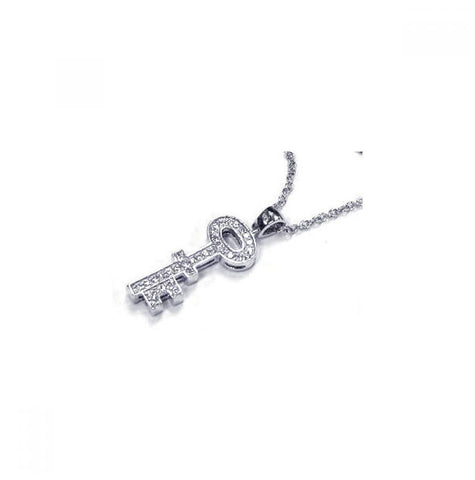 .925 Sterling Silver Clear Cz Rhodium Plated Key Pendant Necklace