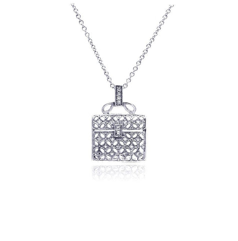 .925 Sterling Silver Clear Cz Rhodium Plated Handbag Pendant Necklace