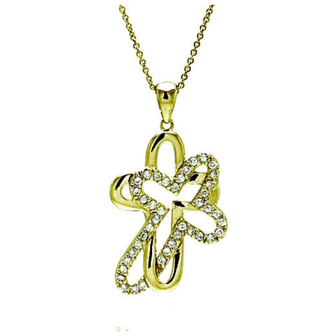 .925 Sterling Silver Clear Cz Gold Plated Double Cross Pendant Necklace