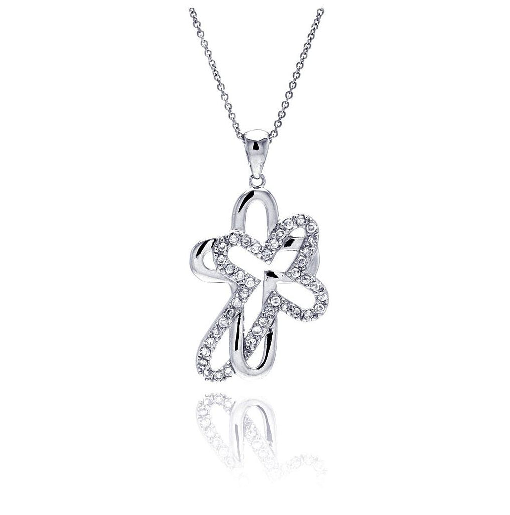 .925 Sterling Silver Clear Cz Rhodium Plated Double Cross Pendant Necklace