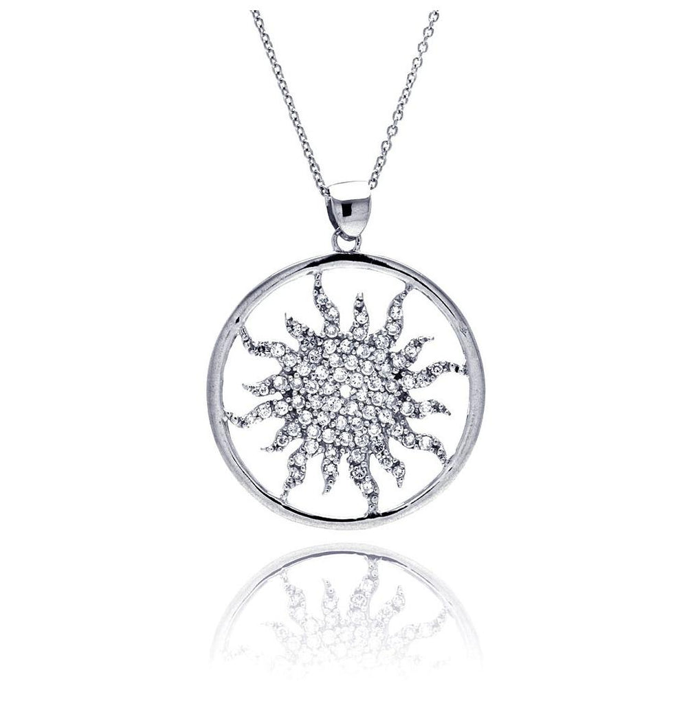 .925 Sterling Silver Clear Cz Rhodium Plated Round Tribal Design Pendant Necklace