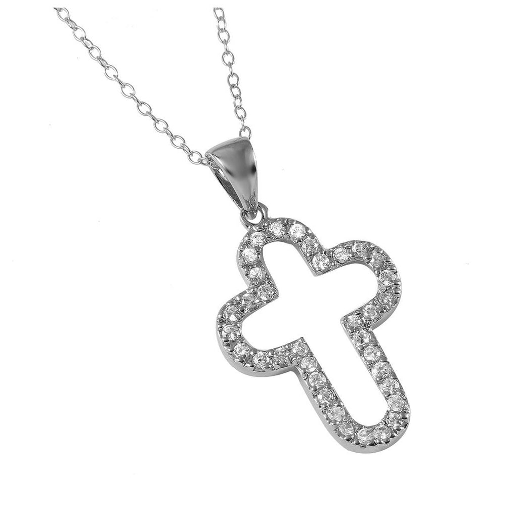 .925 Sterling Silver Rhodium Plated Open Round Cross Necklace Stp00011