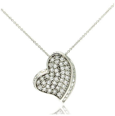 .925 Sterling Silver Rhodium Plated Heart Multi Cz Accent Pendant Necklace