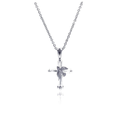 .925 Sterling Silver Rhodium Plated Cross Dove Pendant Necklace