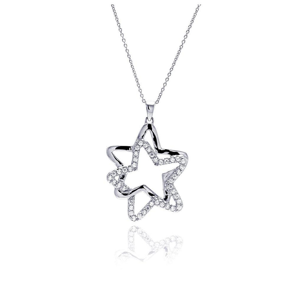 .925 Sterling Silver Clear Cz Rhodium Plated Double Star Pendant Necklace