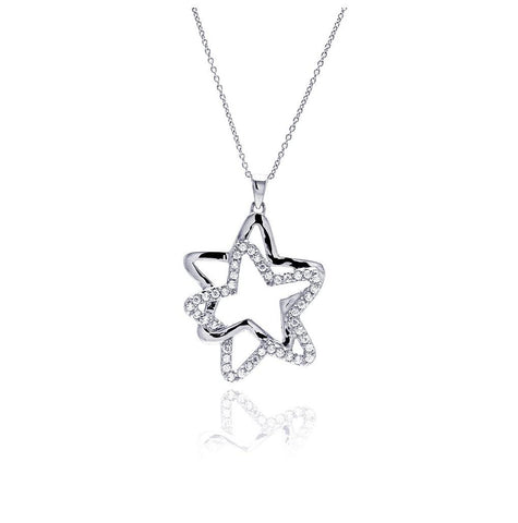 .925 Sterling Silver Clear Cz Rhodium Plated Double Star Pendant Necklace