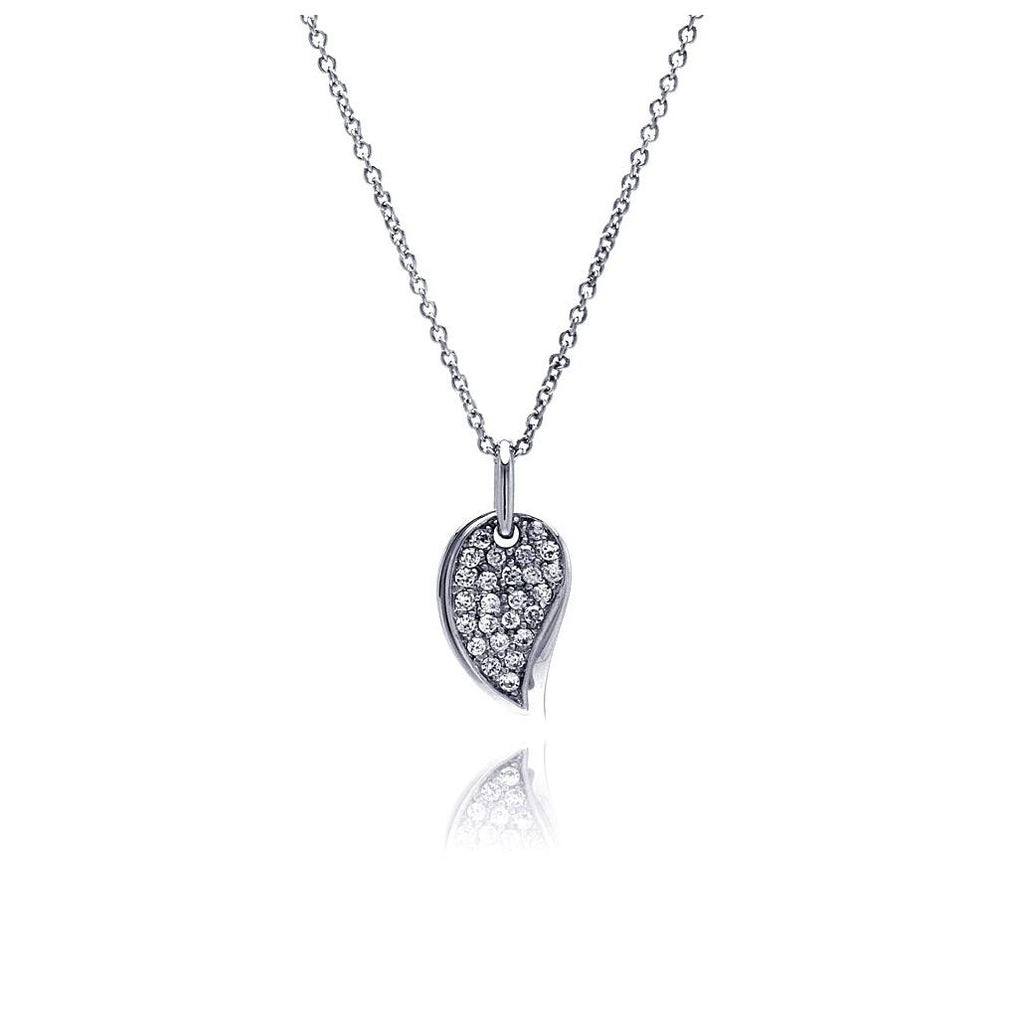 .925 Sterling Silver Clear Cz Rhodium Plated Leaf Necklace