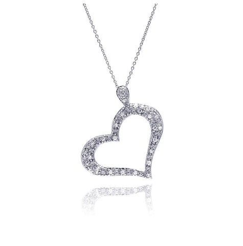 .925 Sterling Silver Clear Cz Rhodium Plated Dangling Heart Pendant Necklace