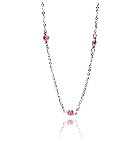 .925 Sterling Silver Rhodium Plated Three Oval Pink Cz Necklace, <b>size: 16</b>