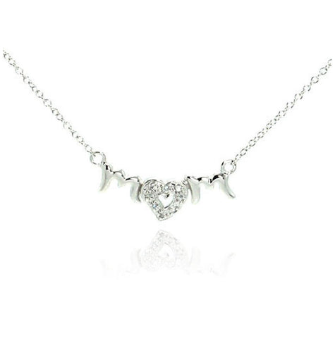 .925 Sterling Silver Clear Cz Rhodium Plated Mom Heart Pendant Necklace