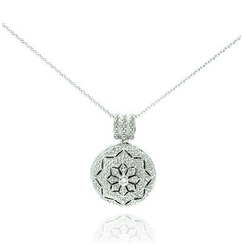 .925 Sterling Silver Rhodium Plated Clear Cz Tribal Locket Necklace