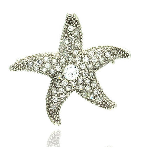 .925 Sterling Silver Rhodium Plated Clear Cz Starfish Pin Pendant Necklace