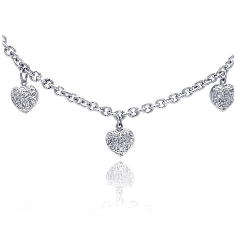 .925 Sterling Silver Clear Cz Rhodium Plated 3hearts Charm Pendant Necklace