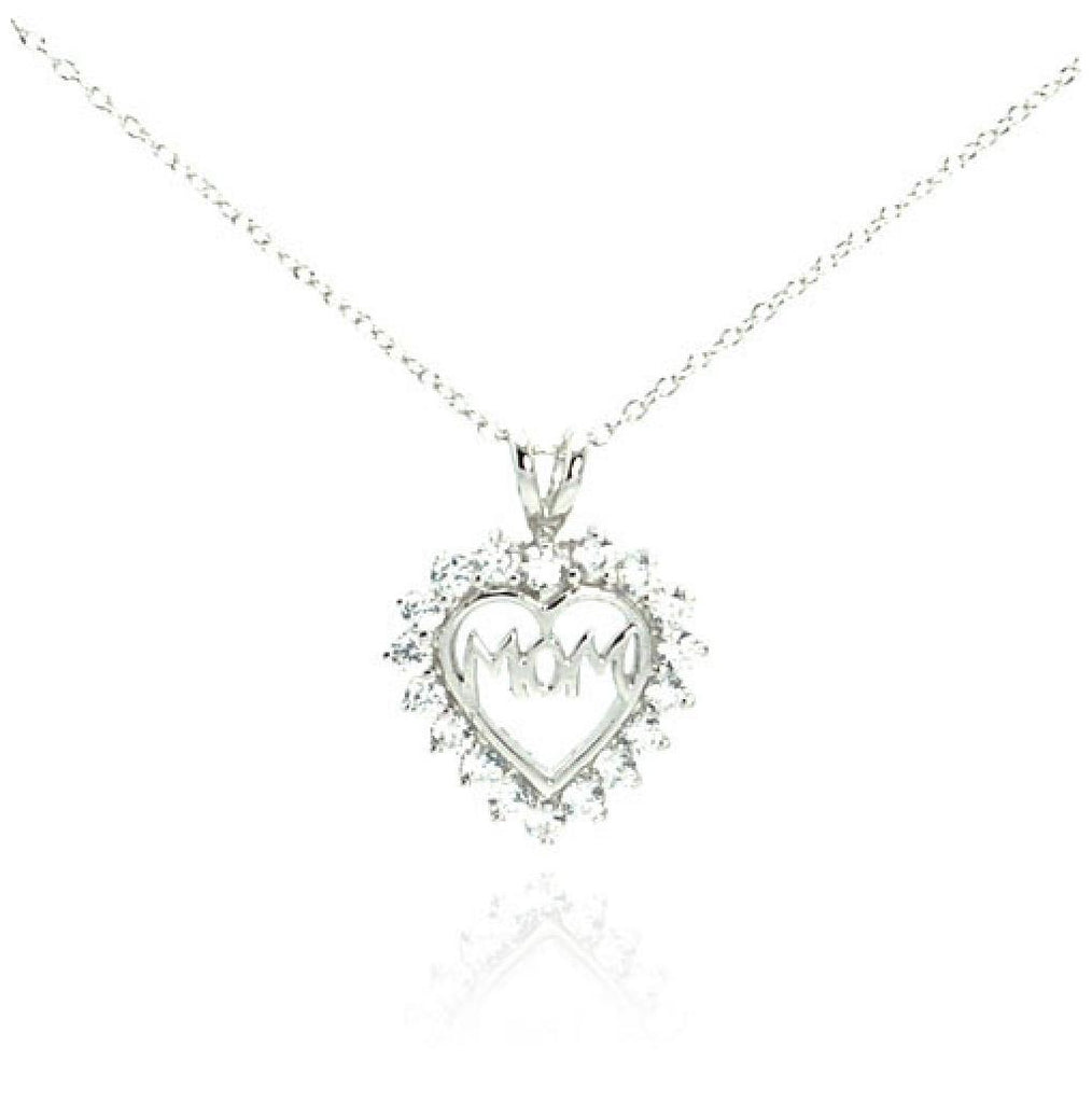 .925 Sterling Silver Clear Cz Rhodium Plated Mom Heart Pendant Necklace