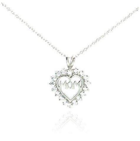 .925 Sterling Silver Clear Cz Rhodium Plated Mom Heart Pendant Necklace