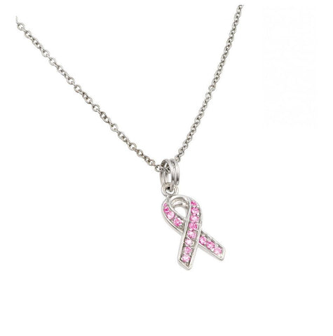 .925 Sterling Silver Pink Cz Rhodium Plated Ribbon Pendant Necklace