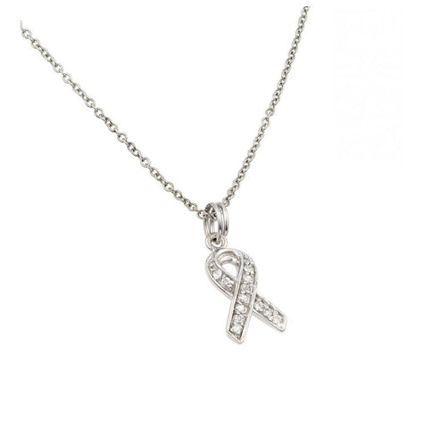 .925 Sterling Silver Cz Rhodium Plated Ribbon Pendant Necklace