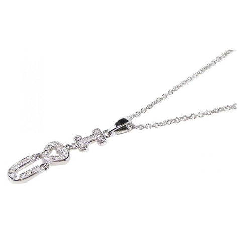 .925 Sterling Silver Clear Cz Rhodium Plated I Hrt U Pendant Necklace