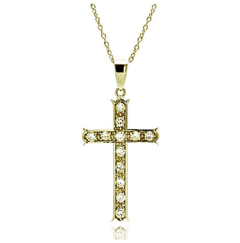 .925 Sterling Silver Clear Cz Gold Plated Cross Pendant Necklace