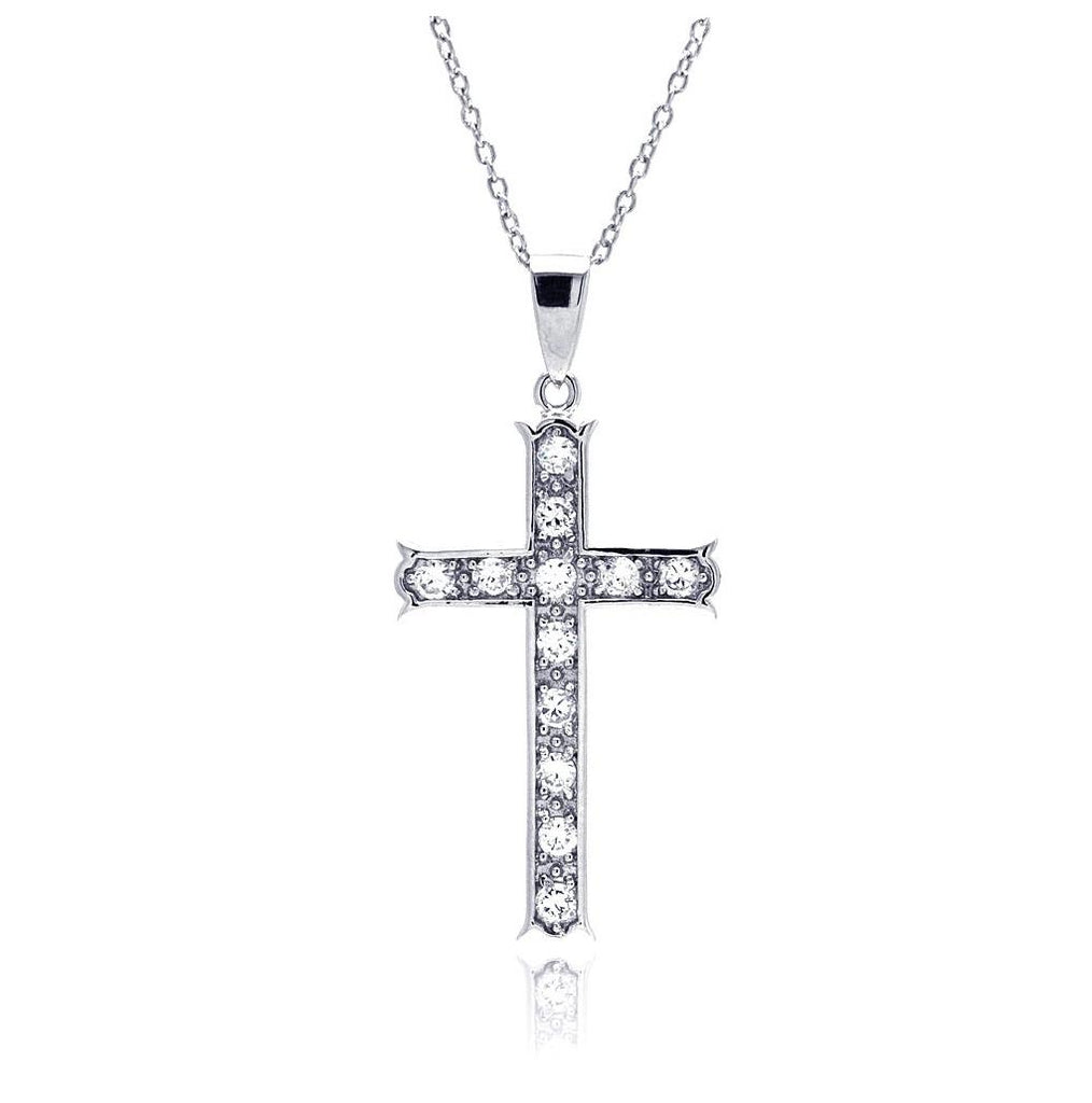 .925 Sterling Silver Clear Cz Rhodium Plated Cross Pendant Necklace