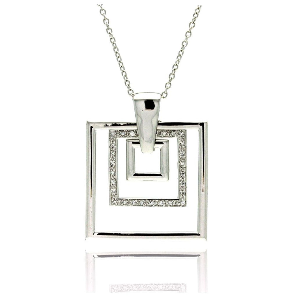 .925 Sterling Silver Clear Cz Rhodium Plated Multi Square Pendant Necklace