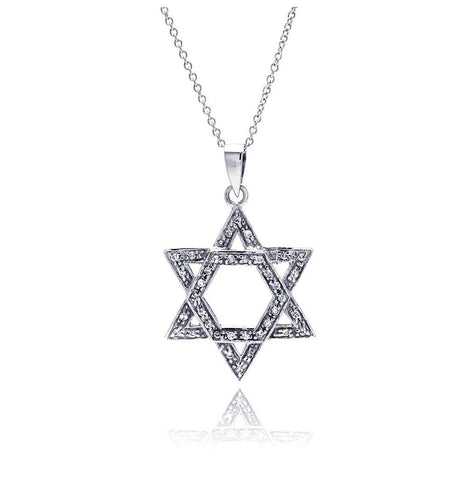 .925 Sterling Silver Clear Cz Rhodium Plated Star Of David Pendant Necklace