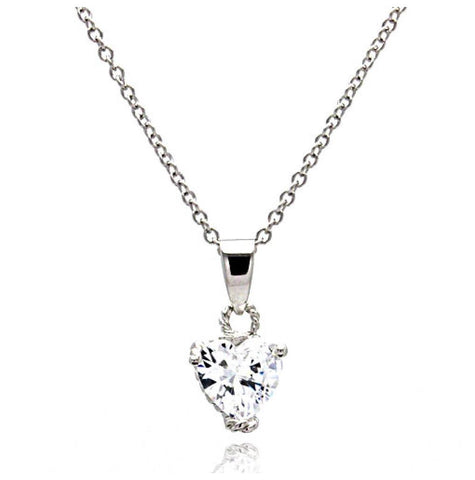 .925 Sterling Silver Rhodium Plated Clear Heart Cz Rope Pendant Necklace