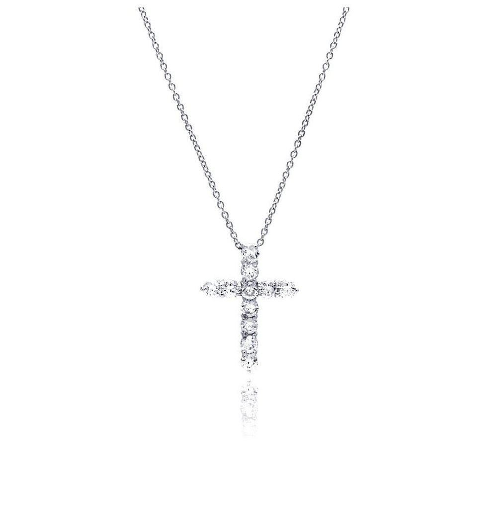 .925 Sterling Silver Clear Cz Rhodium Plated Classic Cross Pendant Necklace