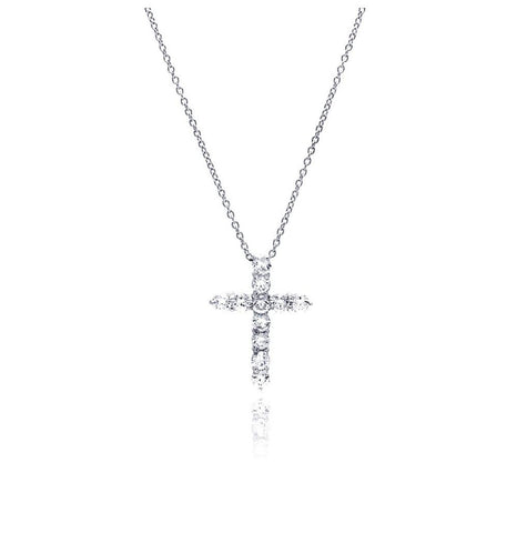 .925 Sterling Silver Clear Cz Rhodium Plated Classic Cross Pendant Necklace