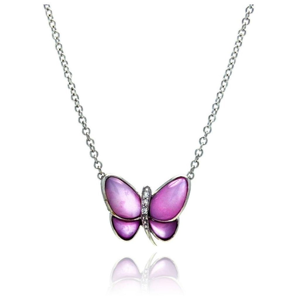 .925 Sterling Silver Clear Cz Rhodium Plated Pink Butterfly Pendant Necklace