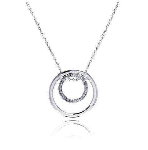 .925 Sterling Silver Clear Cz Rhodium Plated Double Circle Pendant Necklace