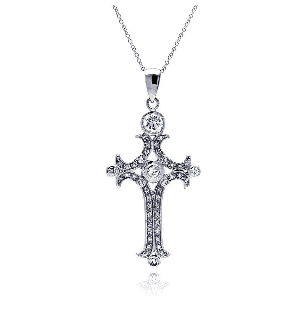 .925 Sterling Silver Clear Cz Rhodium Plated Fancy Cross Pendant Necklace