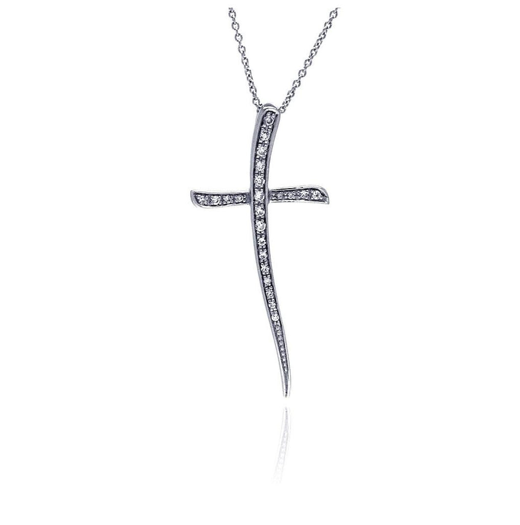 .925 Sterling Silver Clear Cz Rhodium Plated Wavy Cross Pendant Necklace