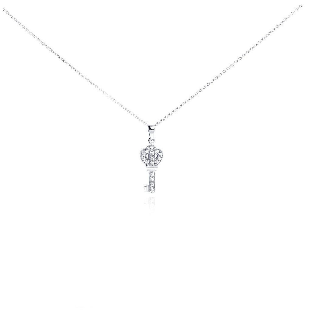 .925 Sterling Silver Clear Cz Rhodium Plated Small Key Pendant Necklace