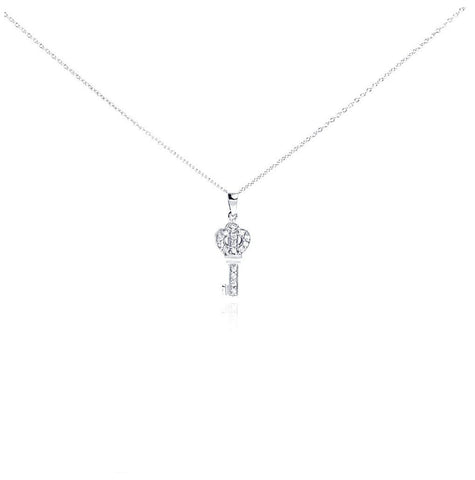 .925 Sterling Silver Clear Cz Rhodium Plated Small Key Pendant Necklace