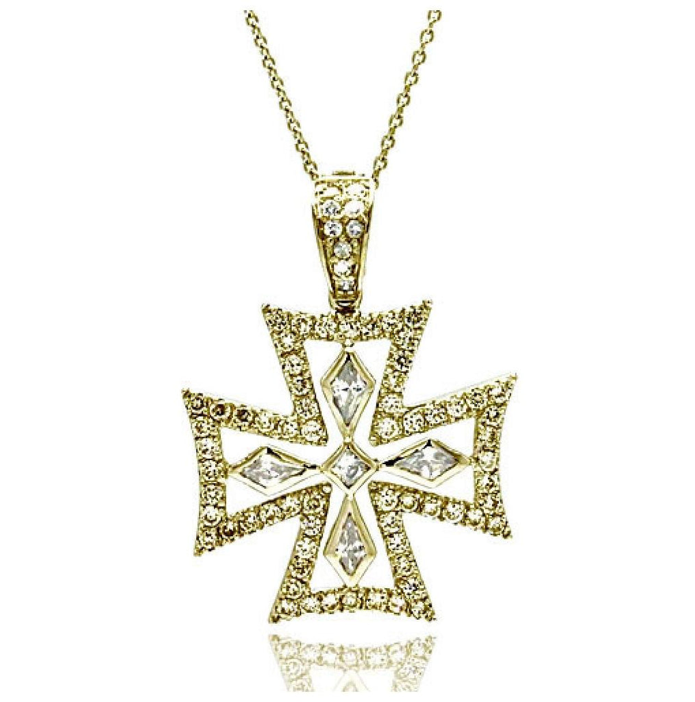 .925 Sterling Silver Clear Cz Gold Plated Fancy Cross Pendant Necklace