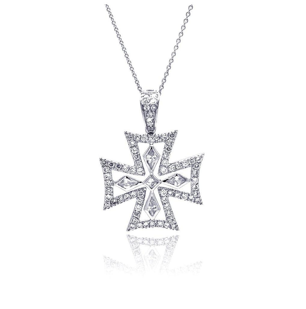 .925 Sterling Silver Clear Cz Rhodium Plated Fancy Cross Pendant Necklace