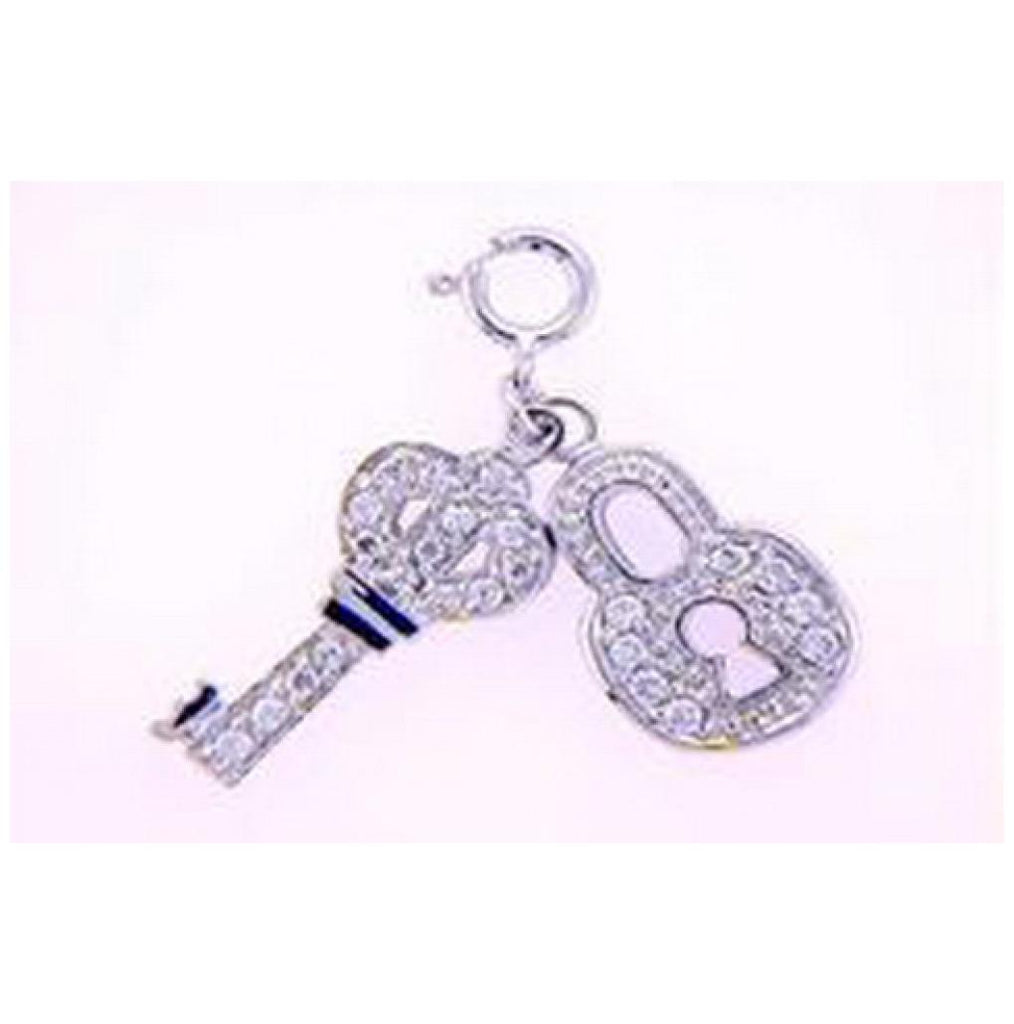 .925 Sterling Silver Rhodium Plated Clear Cz Lock & Key Pendant Necklace