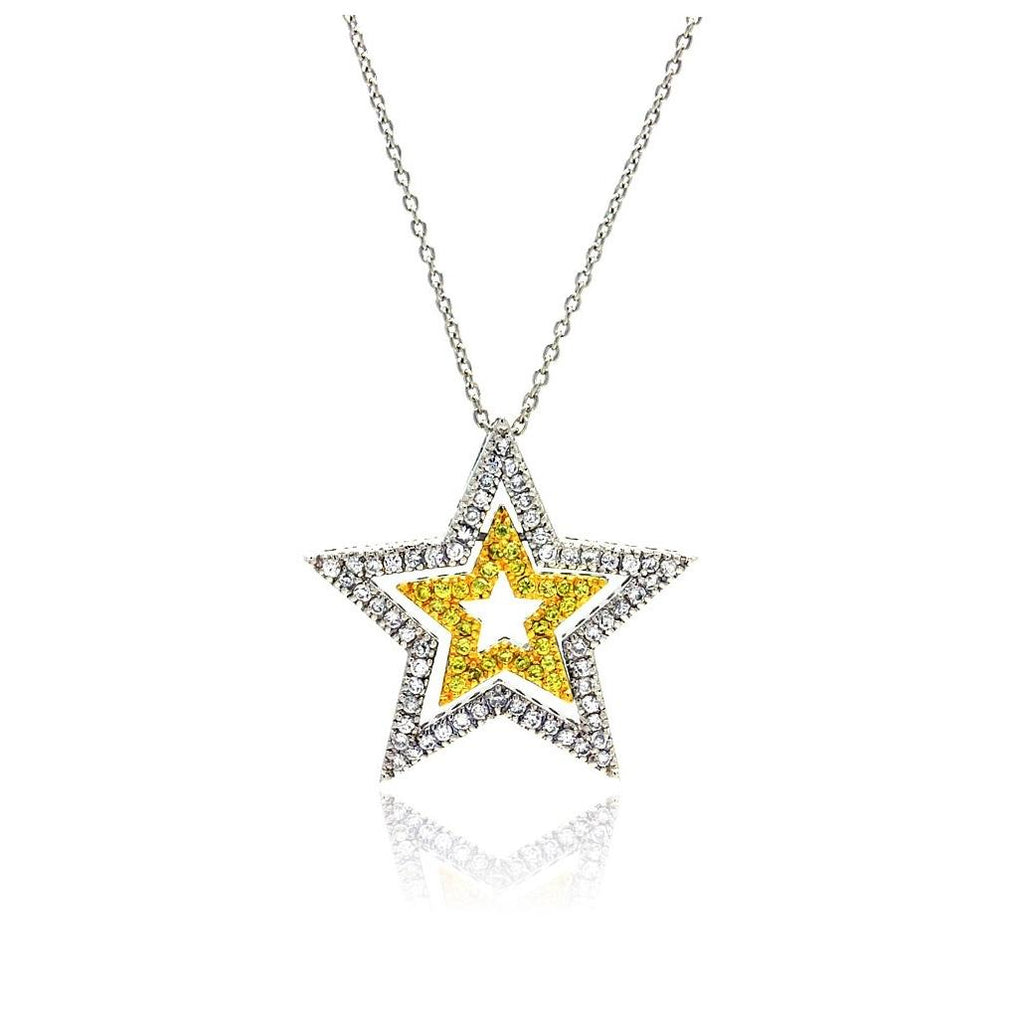 .925 Sterling Silver Clear-yellow Cz Rhodium Plated Triple Star Pendant Necklace