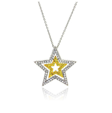 .925 Sterling Silver Clear-yellow Cz Rhodium Plated Triple Star Pendant Necklace