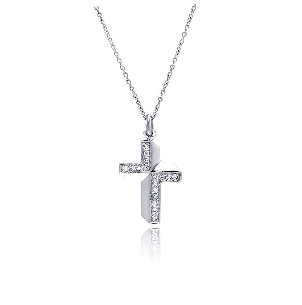 .925 Sterling Silver Clear Cz Rhodium Plated Fancy Cross Pendant Necklace