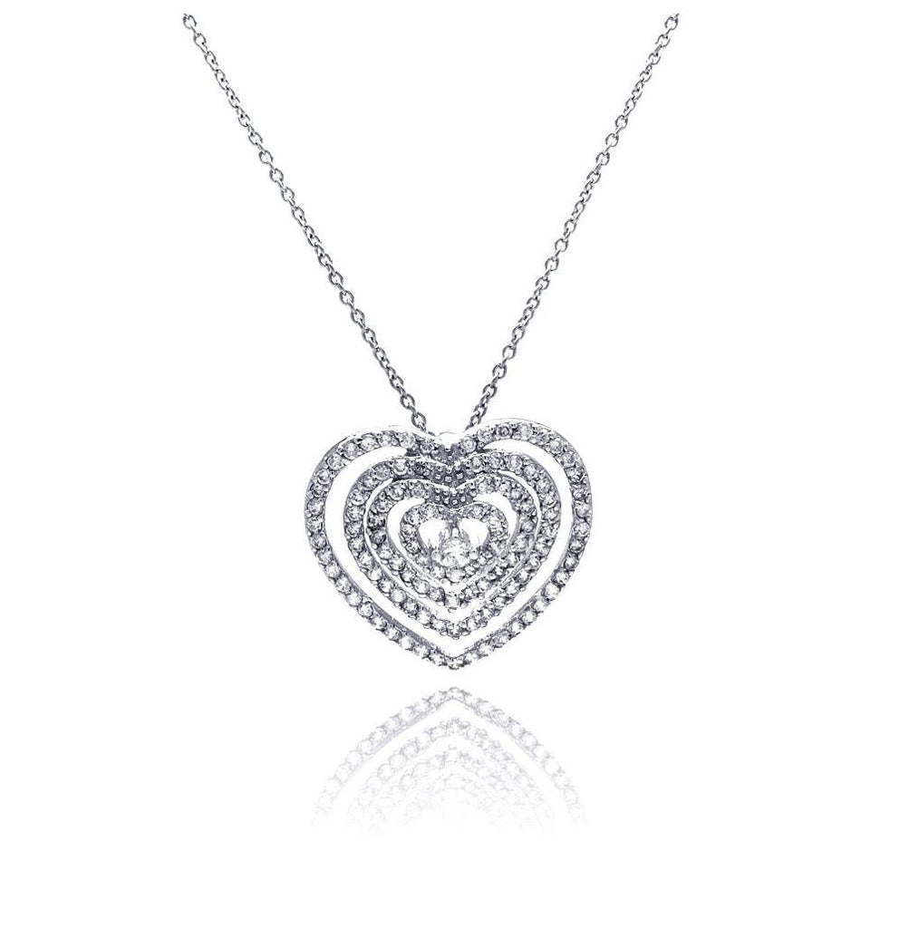 .925 Sterling Silver Clear Cz Rhodium Plated Multi Layered Hearts Pendant Necklace