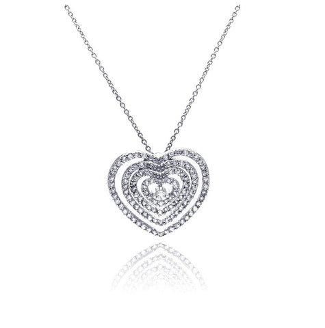 .925 Sterling Silver Clear Cz Rhodium Plated Multi Layered Hearts Pendant Necklace