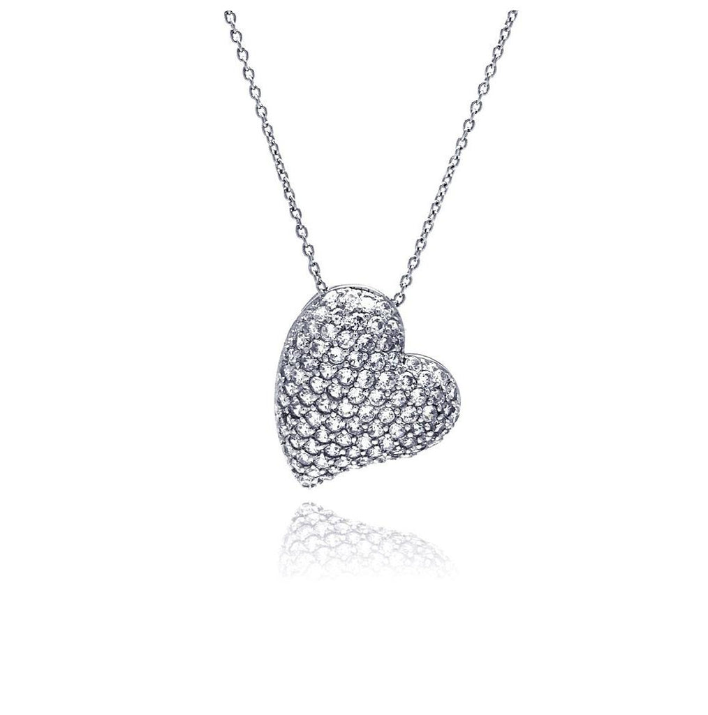 .925 Sterling Silver Clear Cz Rhodium Plated Encrusted Heart Pendant Necklace