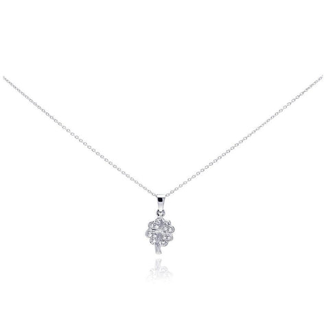 .925 Sterling Silver Clear Cz Rhodium Plated Clover Pendant Necklace