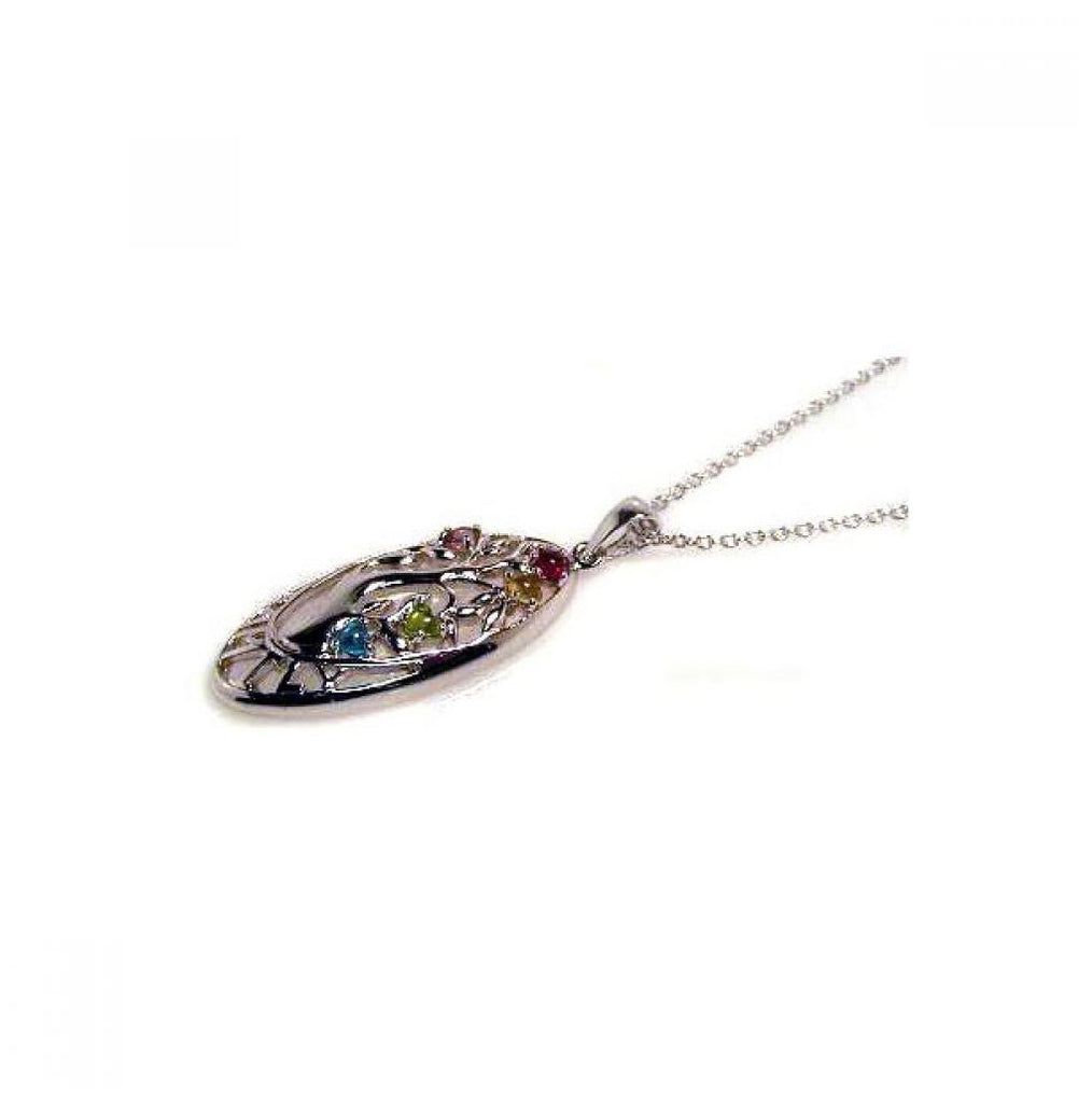 .925 Sterling Silver Multi Color Cz Rhodium Plated Oval Pendant Necklace