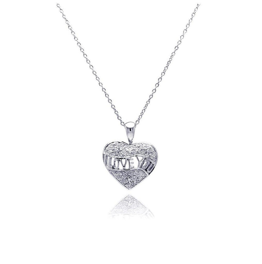 .925 Sterling Silver Clear Cz Rhodium Plated I Love You Pendant Necklace