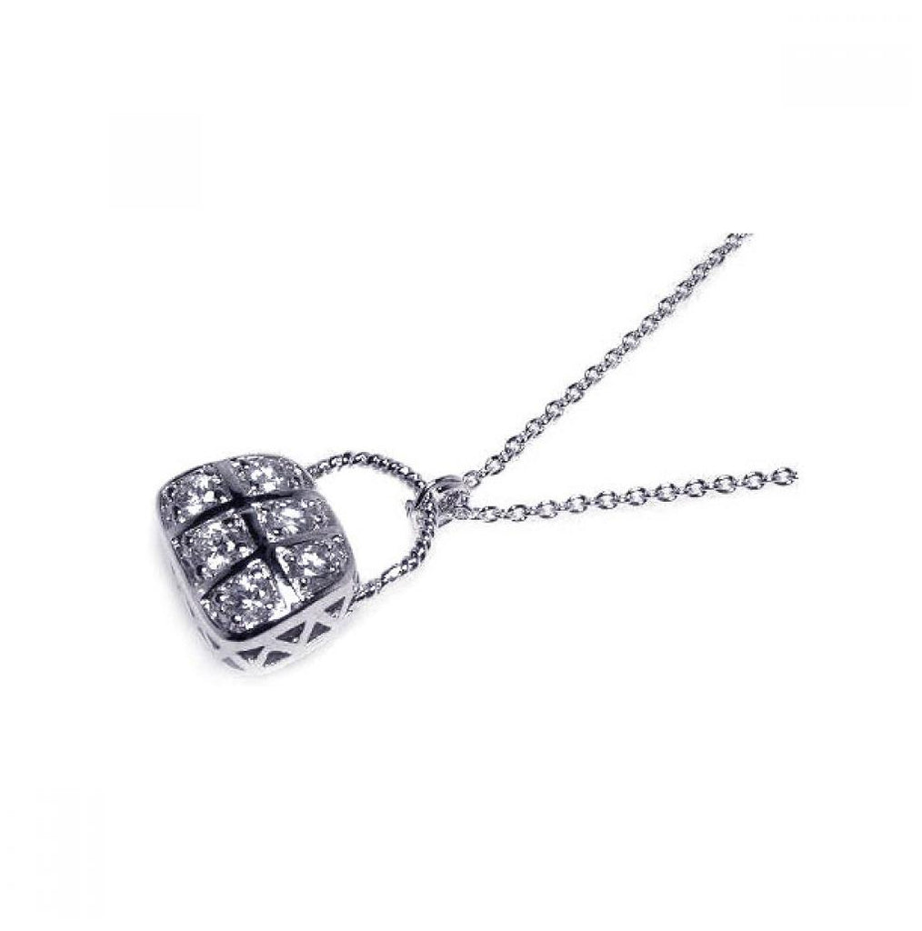 .925 Sterling Silver Clear Cz Rhodium Plated Purse Pendant Necklace